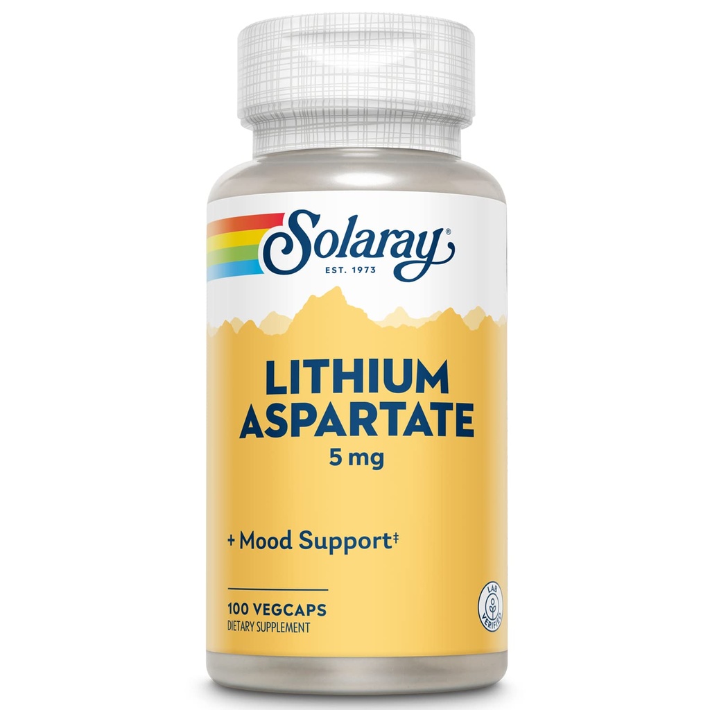 SOLARAY Lithium Aspartate Supplement 5 mg for Men & Women - Daily Trace Mineral Support, Low Dose Lithium Supplement Capsules - 100 Veg Cap Ct