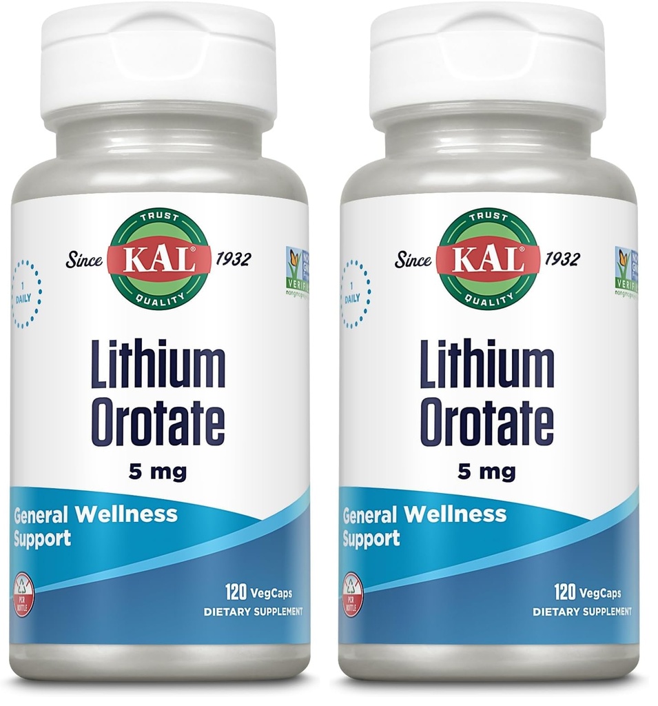 KAL Lithium Orotate 5 milligrams | Low Serving of Chelated Lithium Orotate for Bioavailability and Mood Support | in Organic Rice Bran Extract Base | 120 VegCaps (Pack of 2)