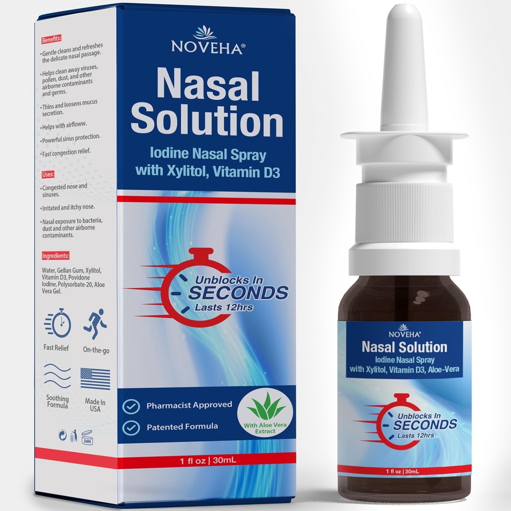 NOVEHA Nasal Spray - 1% Povidone-Iodine Spray, βιταμίνη D3, Aloe-Vera - Nasal Cleanser (30mL)