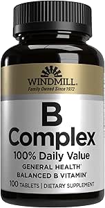 Windmill Natural Vitamins B Complex (100% Daily Value), Boost Energy Production and Promote Metabolism, 100 Tablets, 100 Servings