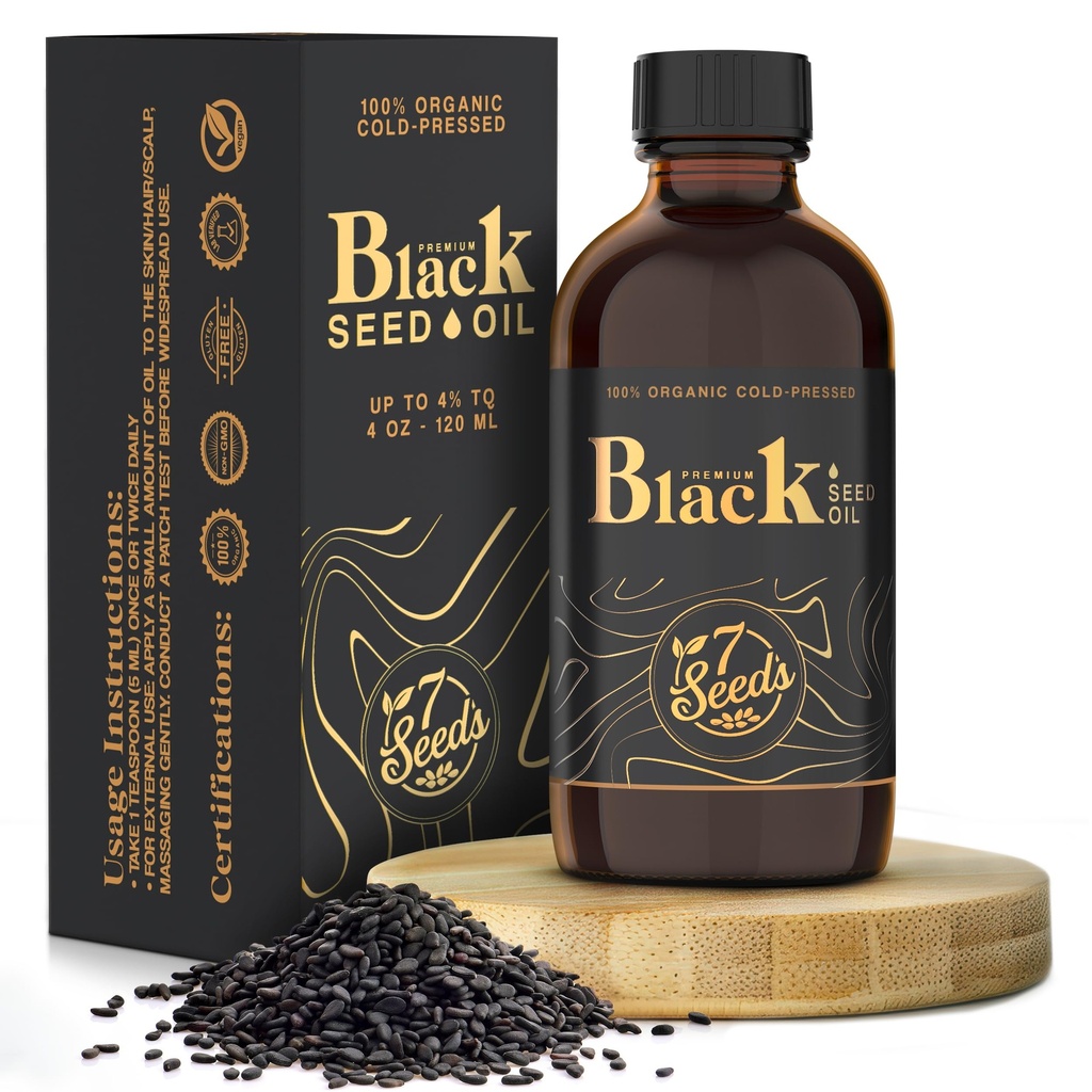 7 Seeds Cold Pressed Black Seed Oil - 120ml Cold Pressed Nigella Sativa Liquid for Immune Support, Joints, Digestion, Hair & Skin (4 Fl Oz)