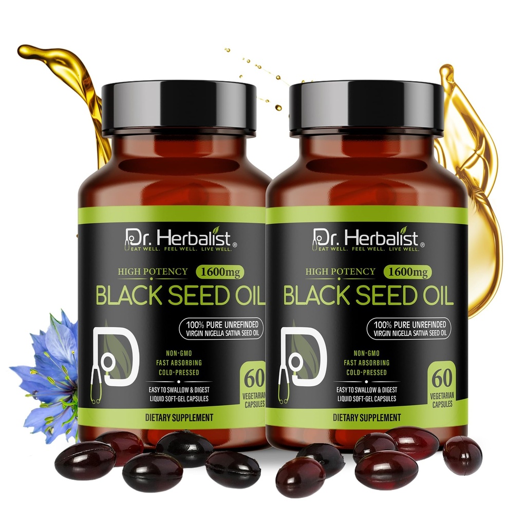 Dr. HERBALIST Black Seed Oil Capsules 1600mg - Cold Pressed Nigella Sativa Softgels with Thymoquinone | Supports Overall Wellness & Immune Vitality* | Halal, Non-GMO | 60ct