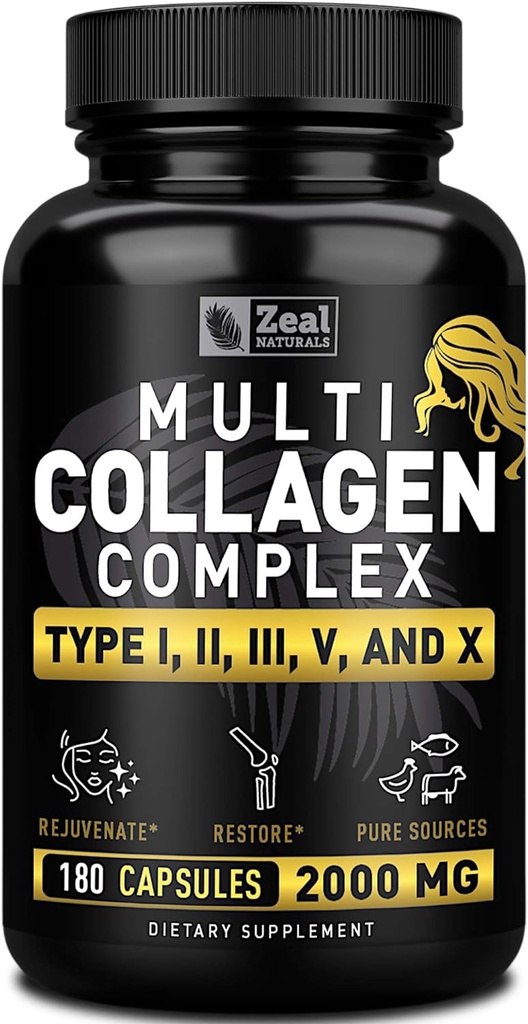 Multi Collagen Peptides Pills (Types Ⅰ,Ⅱ,Ⅲ,Ⅴ,Ⅹ) Grass Fed Collagen Pills (180 Capsules) - Hydrolysate Collagen Protein Blend for Hair, Skin, Nails, and Joint Support - Collagen Pills for Women