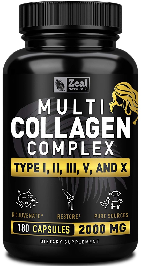 Multi Collagen Peptides Pills (Types Ⅰ,Ⅱ,Ⅲ,Ⅴ,Ⅹ) Grass Fed Collagen Pills (180 Capsules) - Hydrolysate Collagen Protein Blend for Hair, Skin, Nails, and Joint Support - Collagen Pills for Women