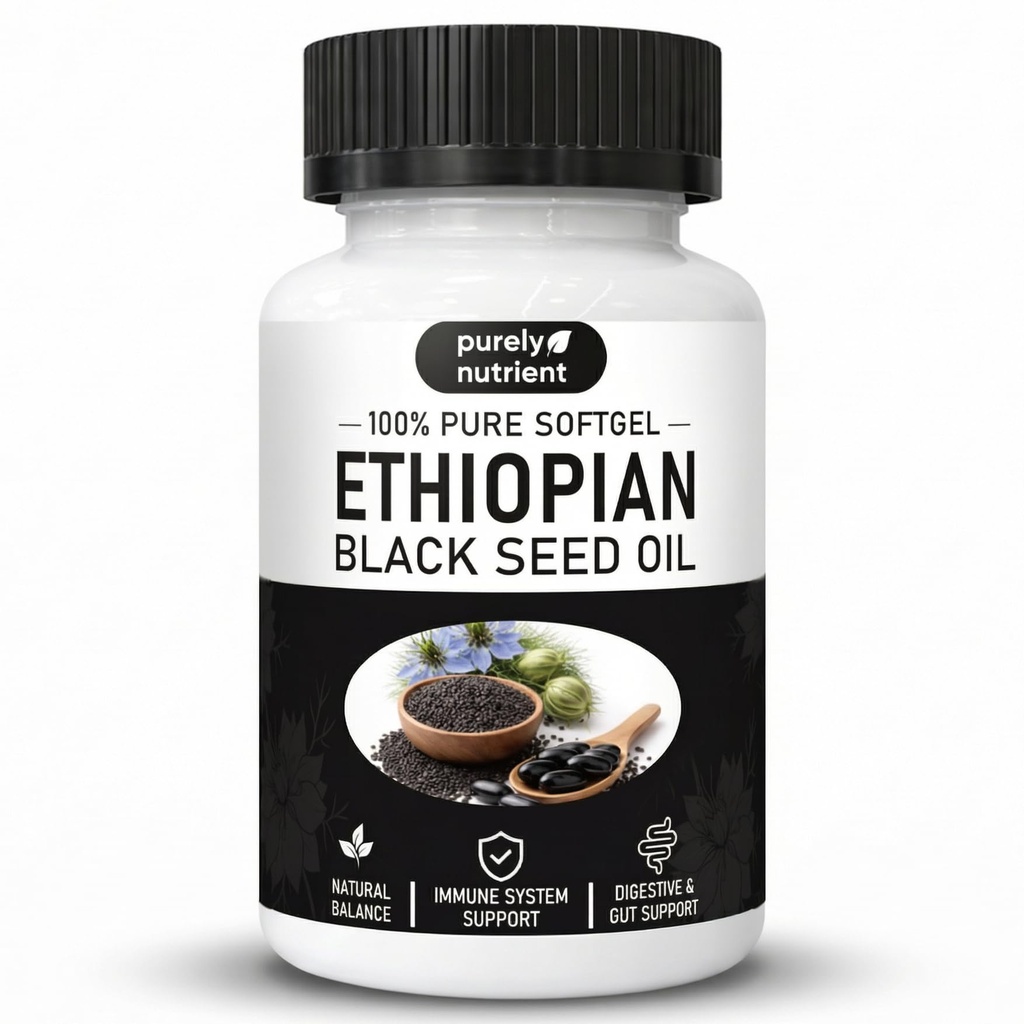 Purely Nutrient Ethiopian Black Seed Oil, Purely Ethiopian Organic BlackSeed Oil Capsules with Thymoquinone - Organic Cold Pressed, 60 Softgels