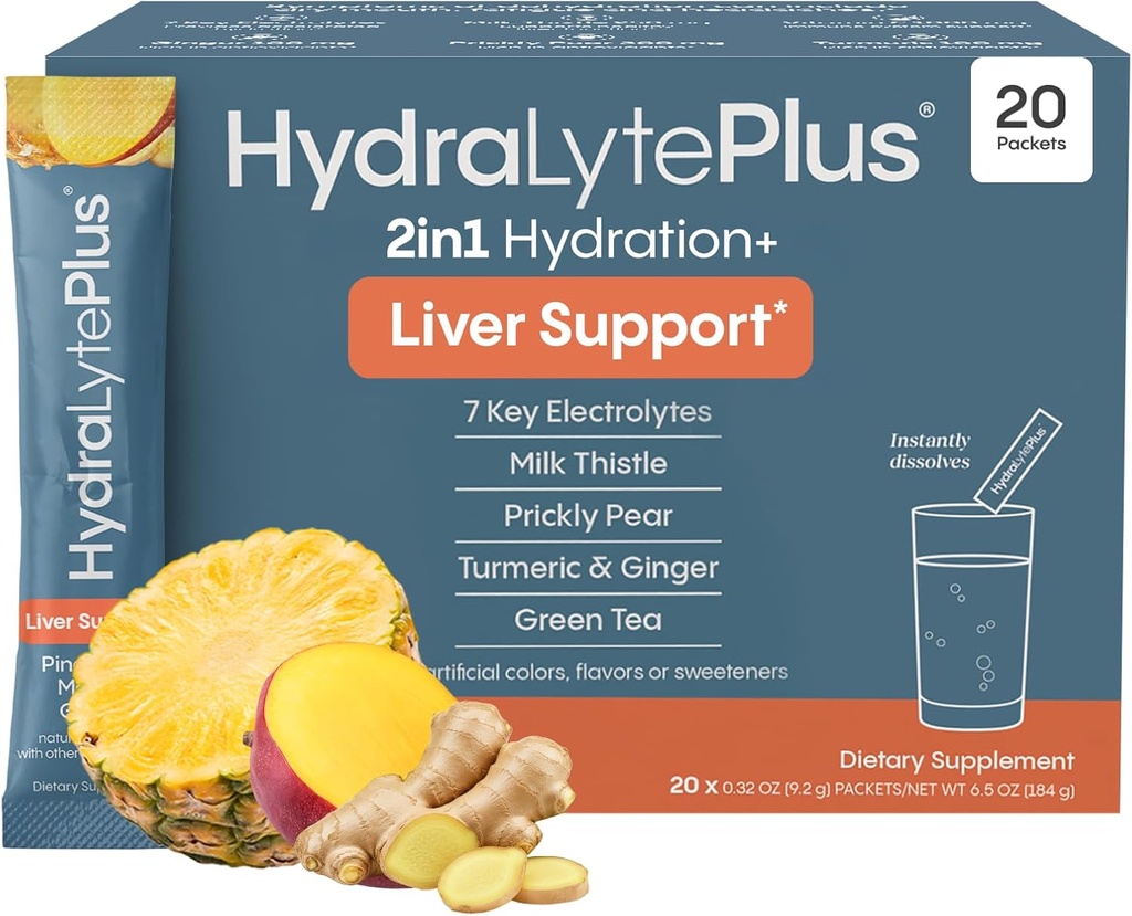 Hydralyte Liver Support + Electrolyte Mix with Milk Thittle, Turmeric, Ginger, Prickly Pear, Green Tea Extract Formed for Rapid Rehydration (Pineapple Mango Ginger, 20 πακέτα)