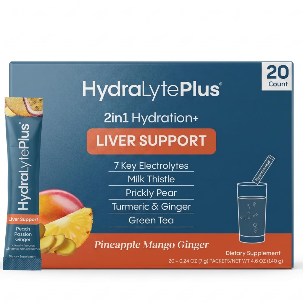Hydralyte Liver Support + Electrolyte Mix with Milk Thittle, Turmeric, Ginger, Prickly Pear, Green Tea Extract Formed for Rapid Rehydration (Pineapple Mango Ginger, 20 πακέτα)