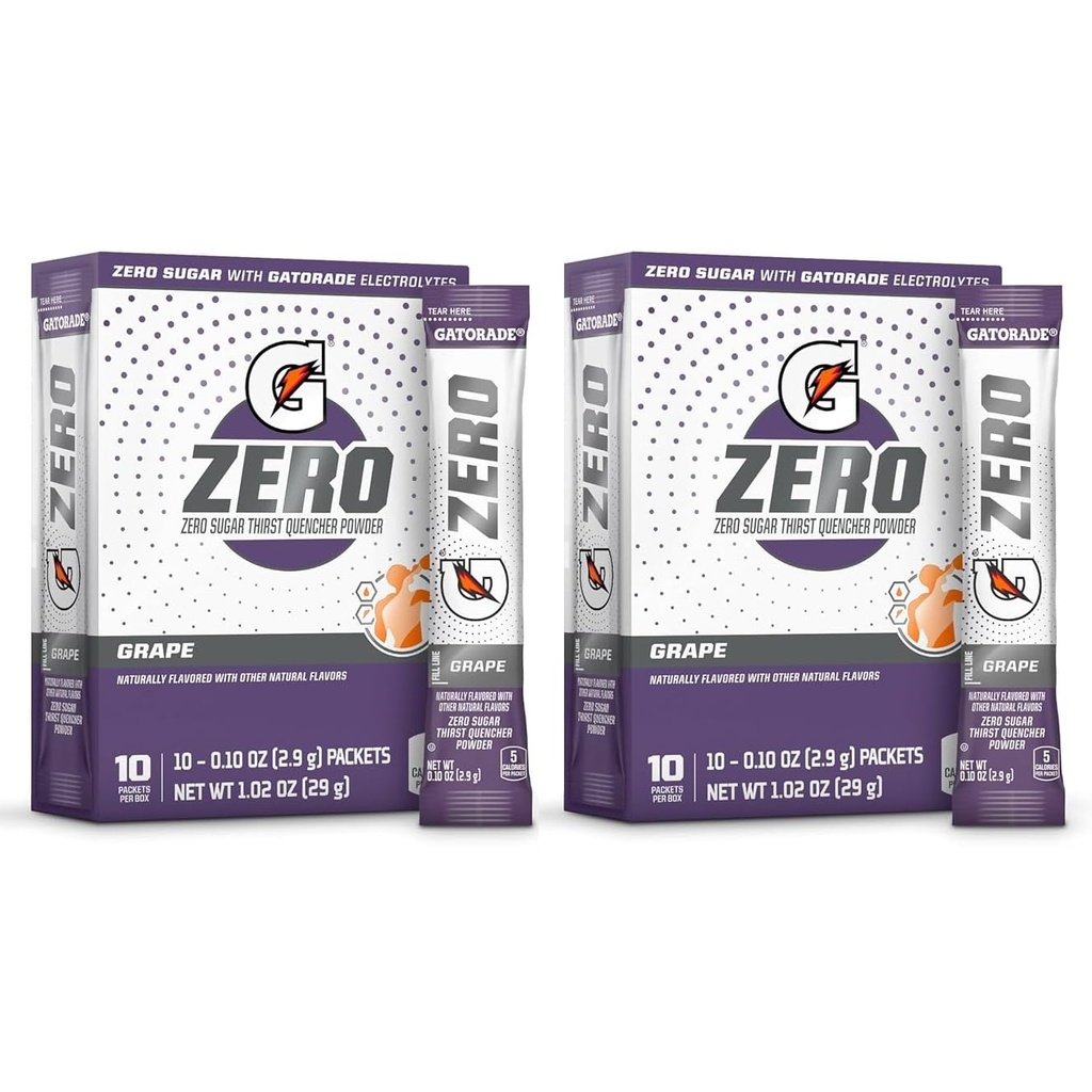 G Zero Powder Packets with Electrolytes, Vitamins and No Sugar, 20 Count (Pack of 2) (20 Packets, Grape)