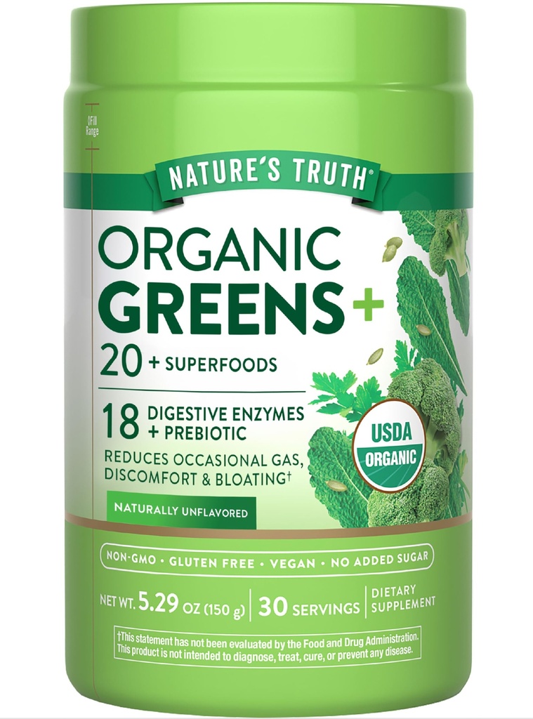 Nature's Truth Organic Greens Blend Powder | 20 Plus Superfoods | with Organic Spirulina, Beet Root, Digestive Enzymes & Prebiotics | Vegan, Non-GMO & Gluten Free Supplement