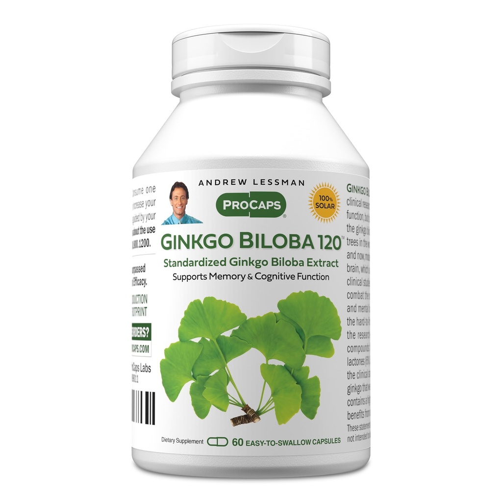 ANDREW LESSMAN Ginkgo Biloba 120mg - 60 Capsules - Standardized Extract to Maintain Flow of Oxygen and Nutrients to Fuel The Brain. Supports Brain, Memory and Cognitive Function. No Additives