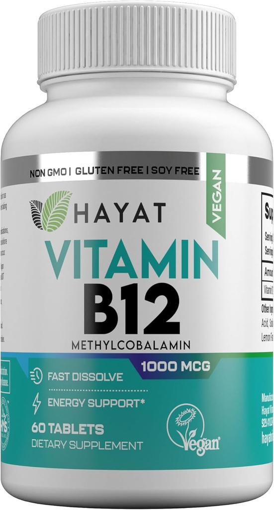 HAYAT Βιταμίνες Vegan Φυσική Βιταμίνη B12 1000 MCG, Συμπλήρωμα διατροφής για την υποστήριξη του μεταβολισμού της ενέργειας, 2 μήνες προσφοράς, όλα φυσικά, πιστοποιημένα Hanal, 60 δισκία, Made in The USA