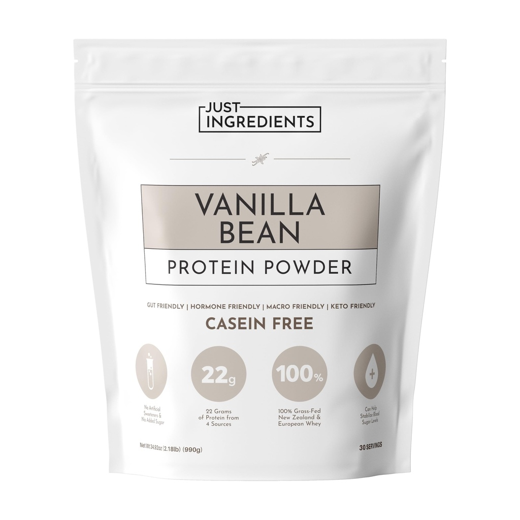 JUST INGREDIENTS Vanilla Bean Protein Powder – 30-Serving Blend with 100% Grass-Fed Whey & Organic Plant Proteins – Real Vanilla Bean & Cinnamon – Supports Muscle Recovery, Energy*
