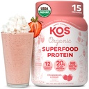 KOS Vegan Protein Powder, Strawberry and Cream Organic Pea Protein Blend, Plant Based Superfood with 12 Vitamins and Minerals, Made Without Dairy - Meal Replacement for Women & Men, 15 Servings