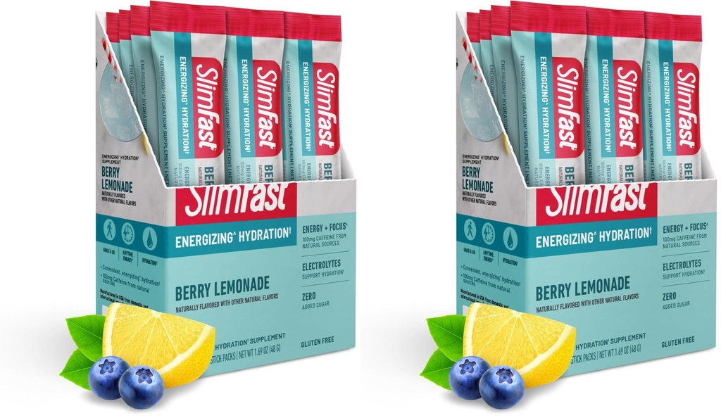 SlimFast Hydration Packets, Intermittent Fasting Electrolytes, Intermittent Fasting Powder, Energy Powder Drink Mix, Caffeine, Electrolytes for Hydration, Berry Lemonade, 12 Count (Pack of 2)