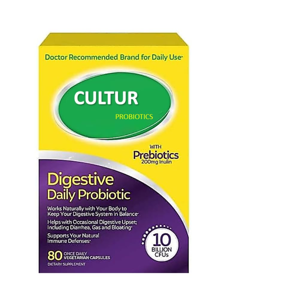 Cultur Digestive Daily Probiotic + Prebiotics, Supports Digestive Balance & Gut Health, Helps with Occasional Gas, Bloating & Diarrhea, 200mg Inulin, 80 Once-Daily Vegetarian Capsules