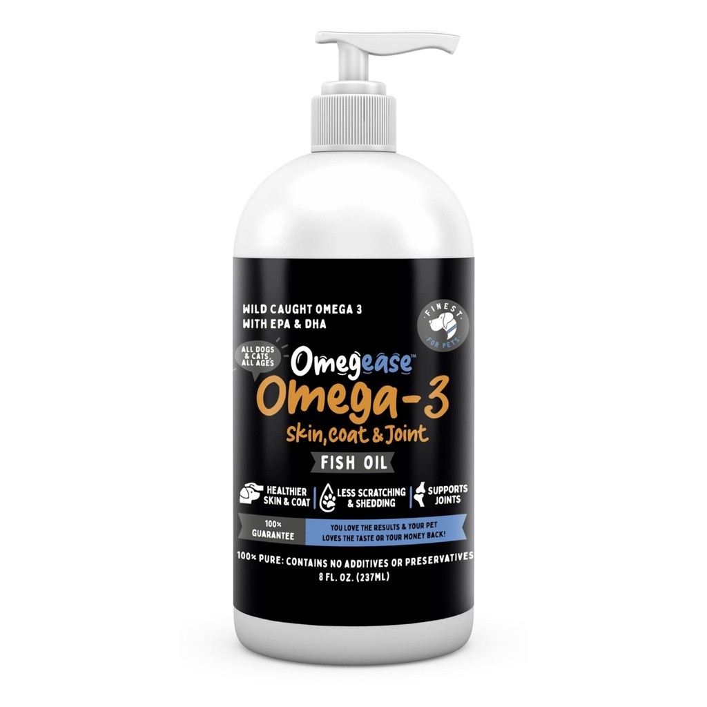 Omegease Fish Oil for Dogs & Cats - Finest for Pets Omega 3 for Cats & Dogs - Συμπλήρωμα για το δέρμα & το λίπος, το φαγούρα, το χύσιμο, τις αρθρώσεις & την ανοσοποιητική υγεία - 100% Αμιγές Ωμέγα ιχθυέλαιο με EPA & DHA (8 oz)