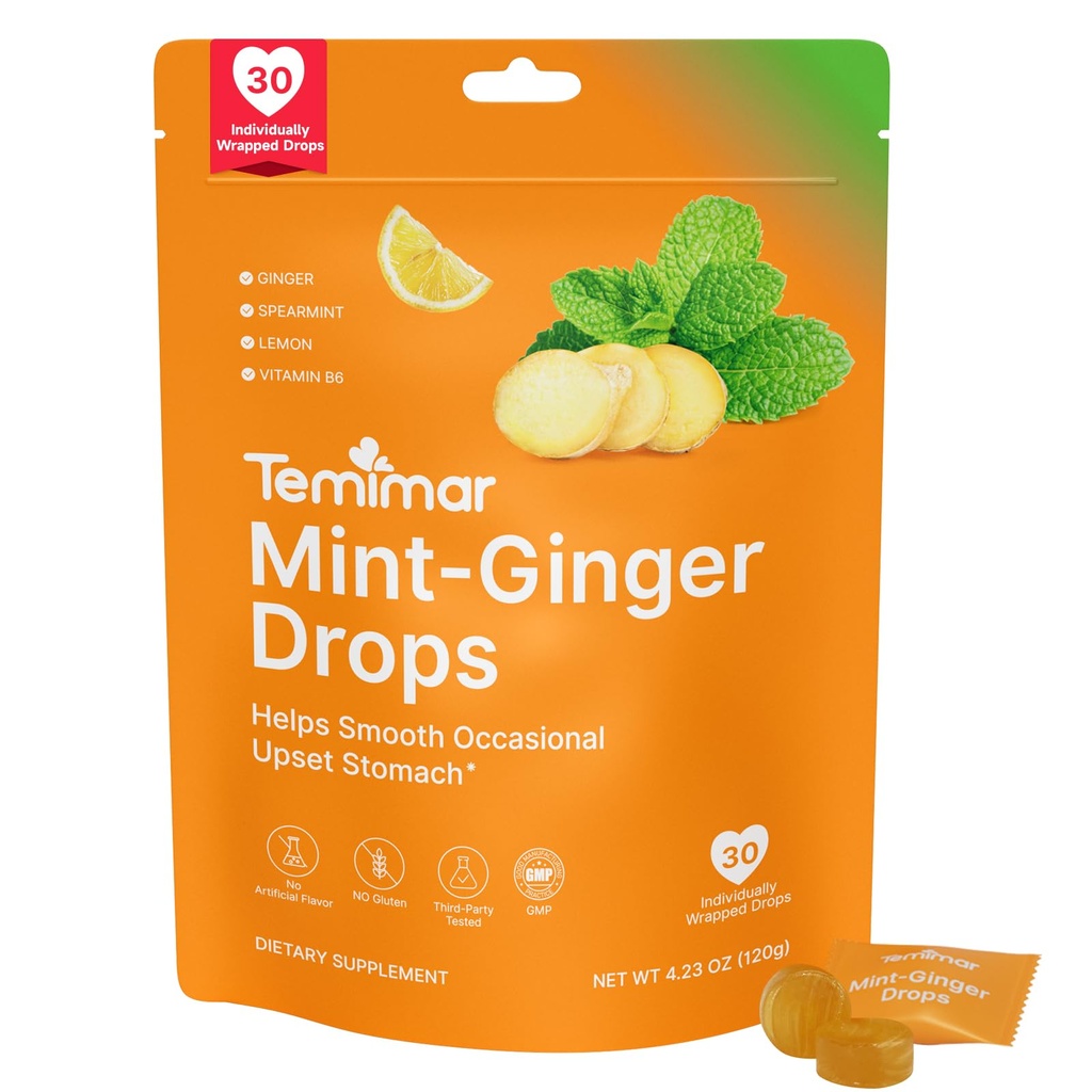 Mint-Ginger Drops, Fast-Acting Nausea Relief, Support Motion Sickness and Morning Sickness Relief, Added Vitamin B6, 30 Wrapped Ginger Candies