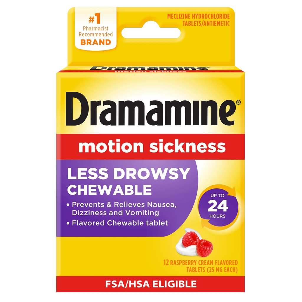 Dramamine Motion Sickness Less Drowsy, Chewables for Nausea Relief During Travel, Raspberry Cream Flavor, 12 Count