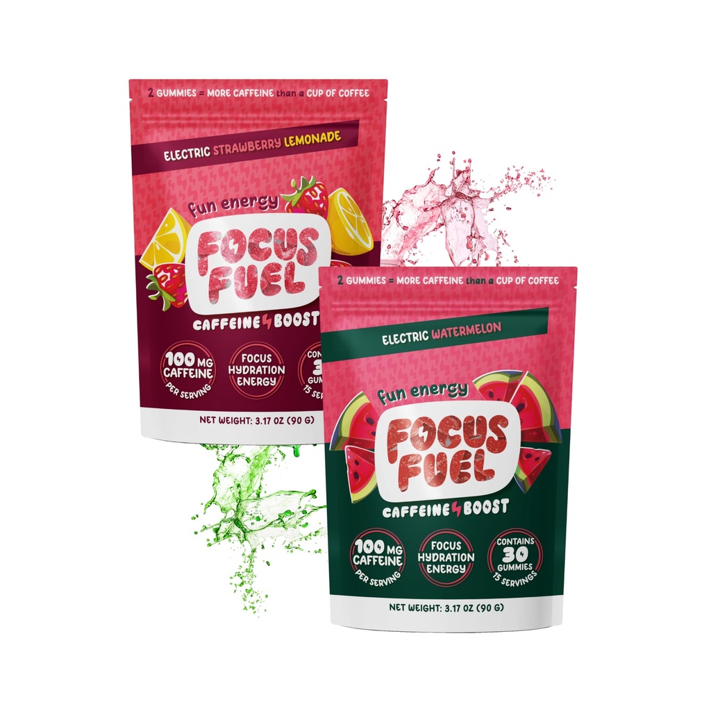 FocusFuel Energy Chews Variety Pack – Watermelon & Strawberry Lemonade Flavors (2-Pack, 30 Servings Total) – 100mg Natural Caffeine + Nootropics – Clean, Refreshing Energy with No Crash