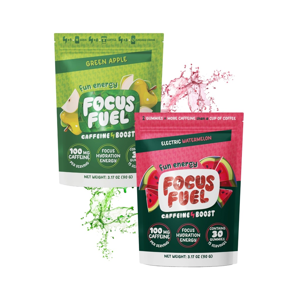 FocusFuel Energy Chews Variety Pack – Watermelon & Green Apple (2-Pack, 30 Servings Total) – 100mg Natural Caffeine + Nootropics – Tart, Juicy Energy Duo