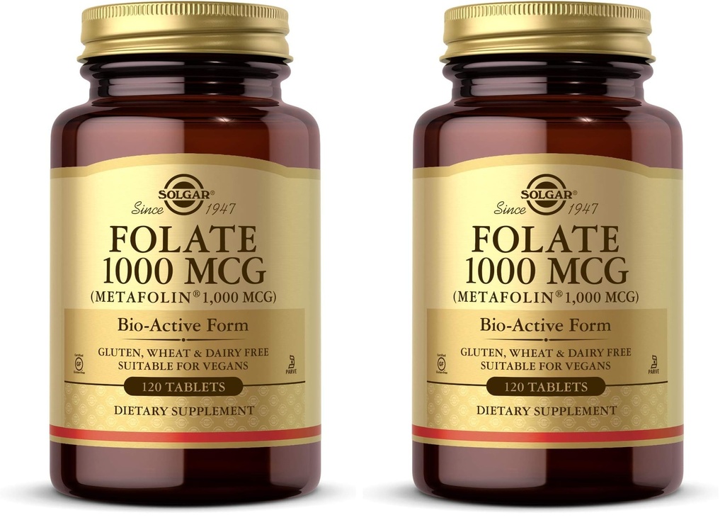 Solgar Folate 1000 mcg, 120 Tablets - 1000 mcg Bio-Active Metafolin - Vegan, Gluten Free, Dairy Free, Kosher - 120 Servings,(Pack of 2)