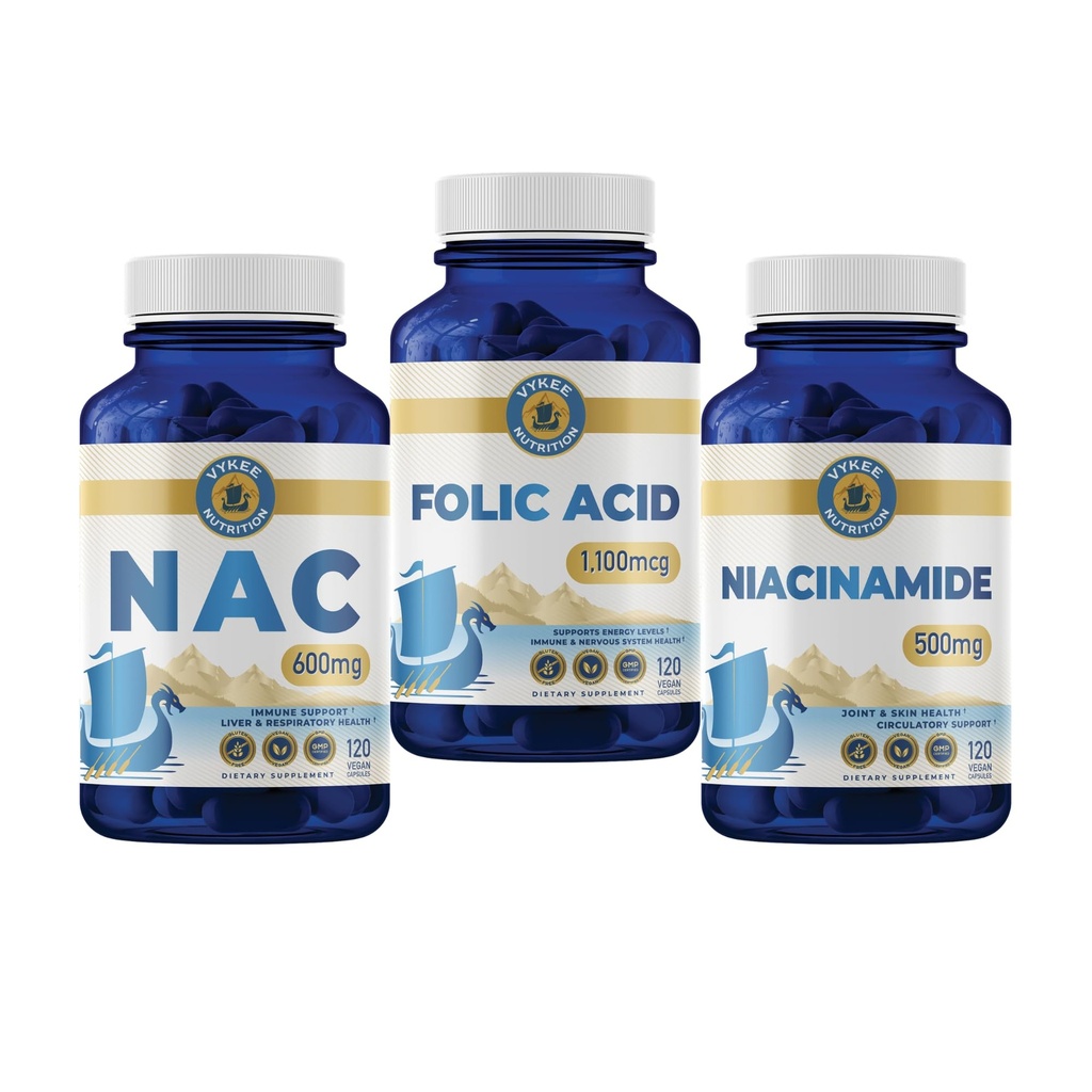 Vykee Nutrition Antioxidant & Immune Defense Bundle – NAC, Folic Acid & Niacinamide | Supports Cellular Health, Detoxification & Immune Function | Vegan, Non-GMO | 3-Pack​