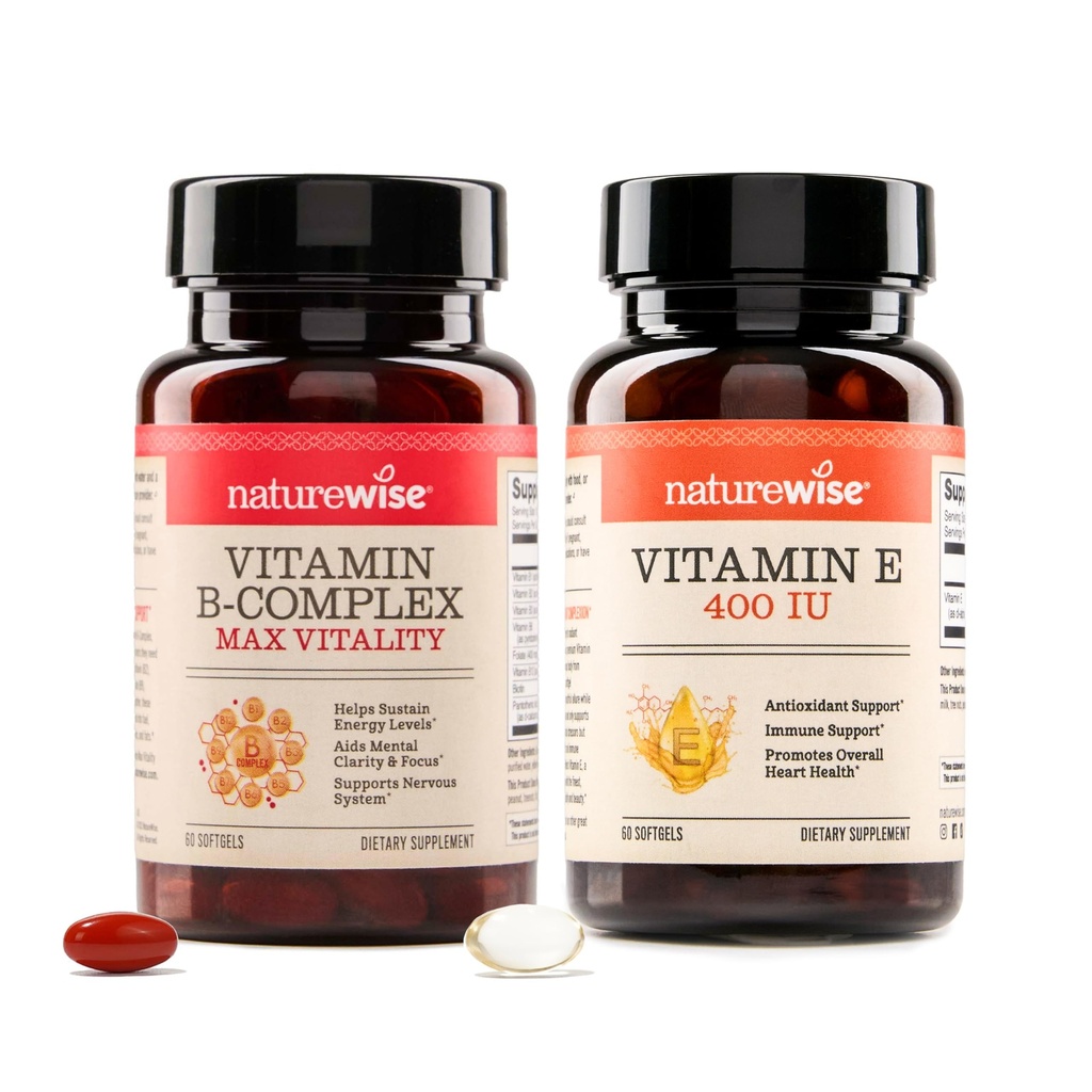 NatureWise B Complex Vitamins with Folic Acid 60 Count + Vitamin E 400 IU (180mg DL-Alpha) 60 Count - Bundle for Immune, Energy, Heart Health Support - Soy, Dairy, Gluten Free, Non-GMO, Halal Gelatin