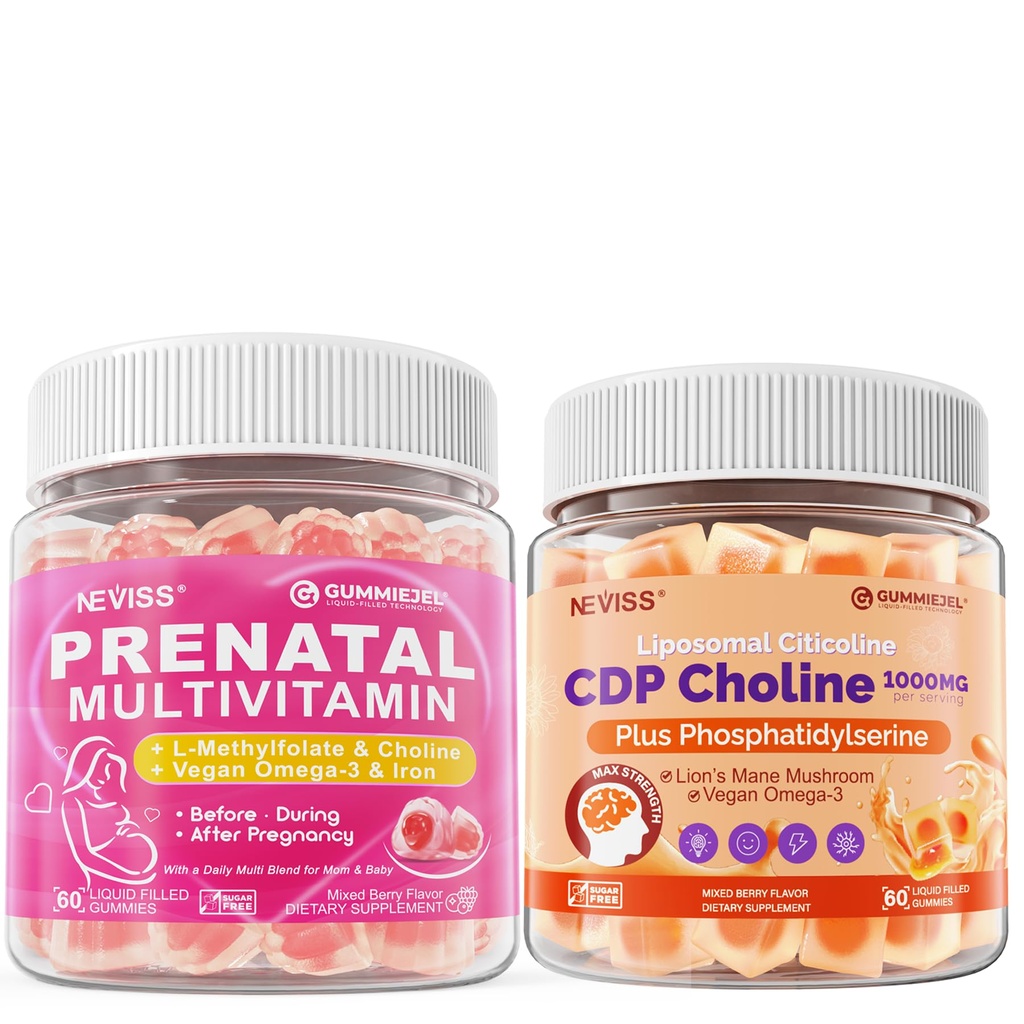 NEVISS Prenatal Vitamins for Women Multivitamin Gummies w/Methylfolate 1mg, Choline Omega-3(DHA+EPA) Iron + Citicoline 1000mg, CDP Choline Gummies & Phosphatidylserine 300mg
