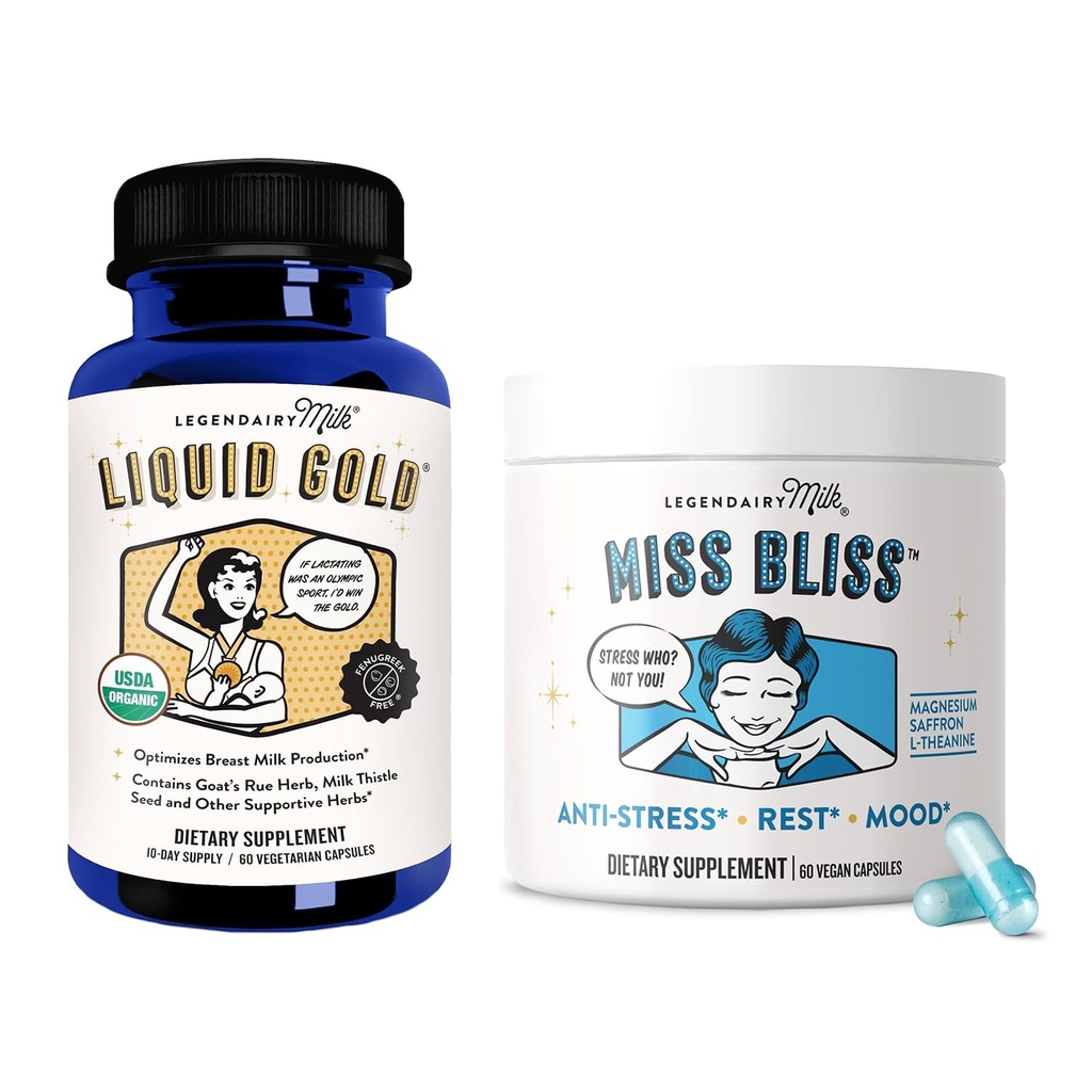 Legendairy Milk Liquid Gold for Lactation + Miss Bliss Daily Herbal Supplement with Saffron, L-Theanine & Magnesium – 60 Capsules Each