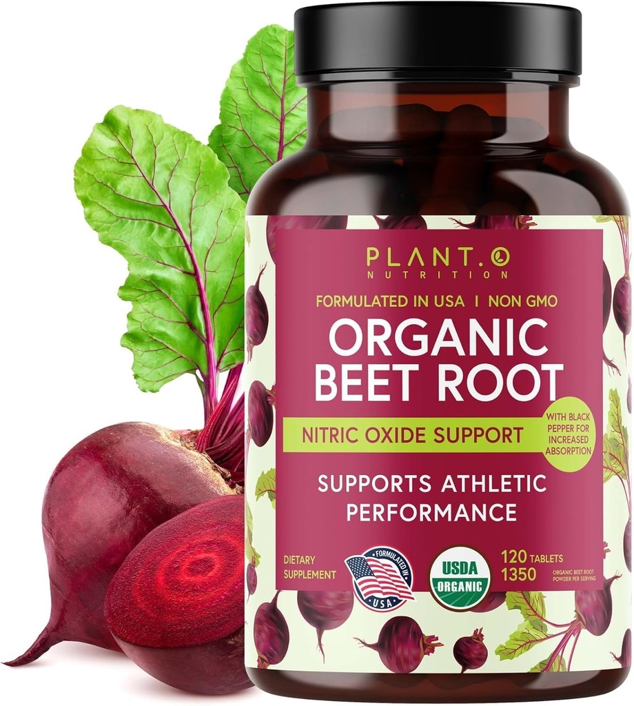 USDA Plant.O Premium Organic Beet Root Tablets [1350mg Beets Powder] με Μαύρο Πιπέρι για Επιπλέον Απορρόφηση - Συμπλήρωμα οξειδίου του αζώτου