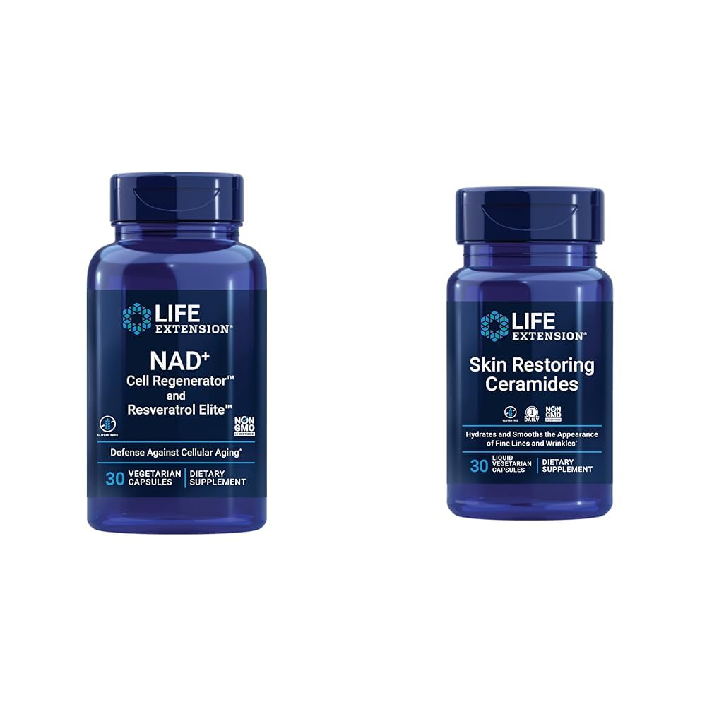 Life Extension NAD+ Cell Regenerator, Resveratrol Elite, Ceramides for Skin Hydration, Fine Lines, 30 Capsules