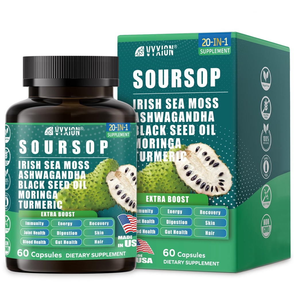Soursop Graviola Supplement with Sea Moss, Moringa, Turmeric, Black Seed Oil, Oregano, Ashwagandha | 20-in-One Herbal extracts for Overall Health-Enhancing | Vegan, Non-GMO | 60 Capsules