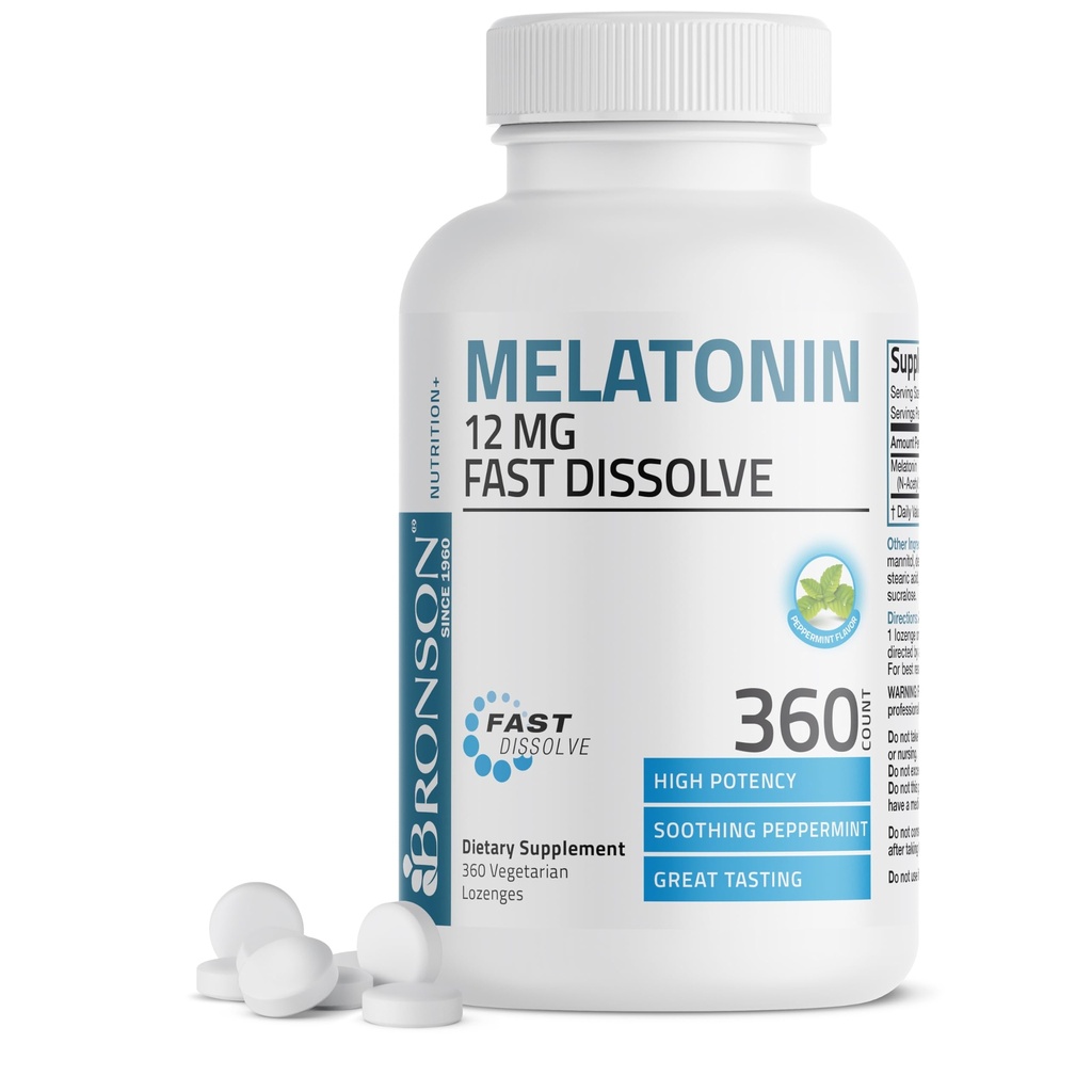 Bronson μελατονίνη 12mg γρήγορη διάλυση νυκτερινή βοήθεια ύπνου Υποστήριξη & χαλάρωση Υποστήριξη, 360 μέντα χορτοφάγων Lozenges