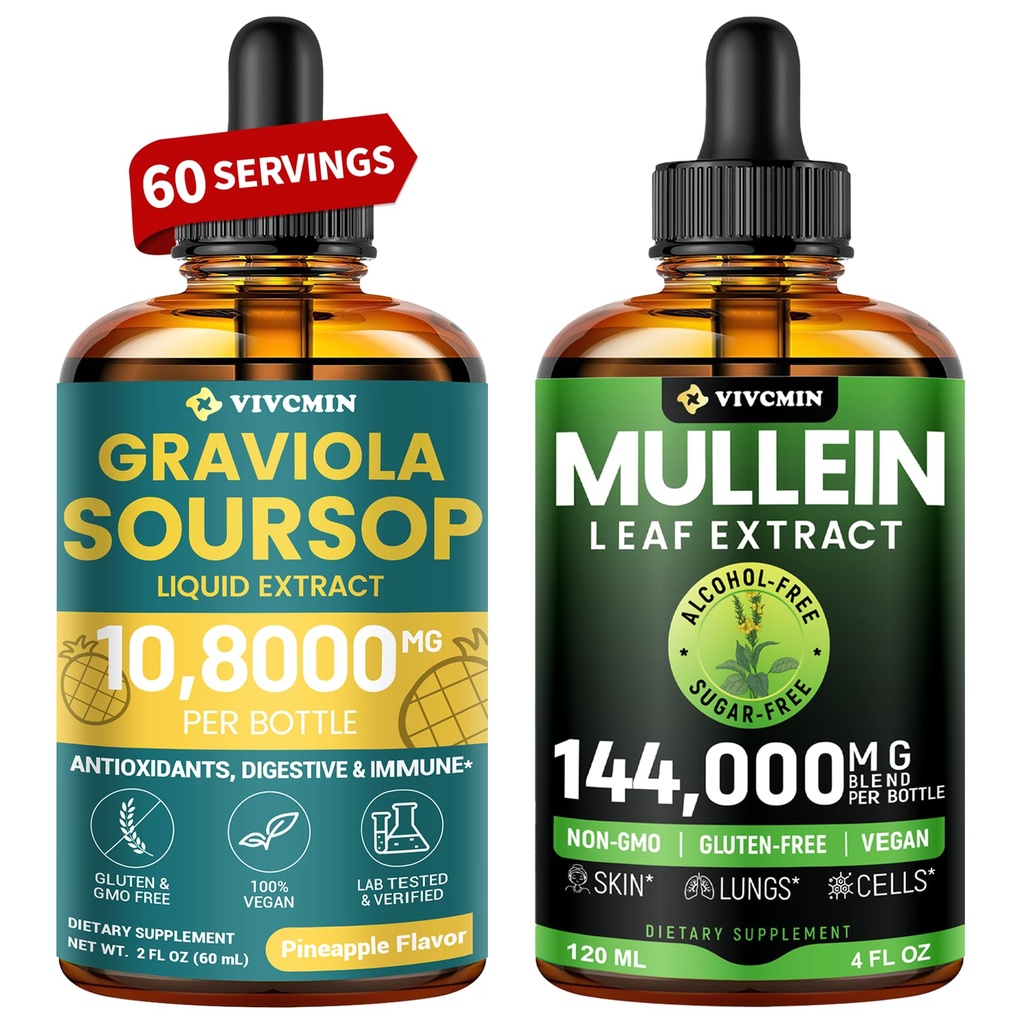 vivcmin Graviola Soursop Leaf Extract & Mullein Lung Cleanse Drops Bundle – Immune, Respiratory & Relaxation Support | Sugar-Free, Non-GMO Herbal Tinctures | 2 fl oz + 4 fl oz