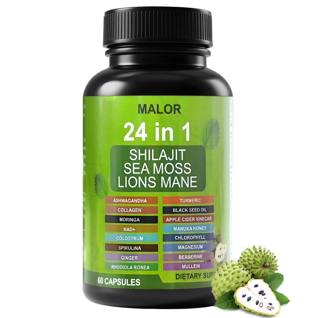 24 in 1 Soursop Graviola Capsules - Herbal Supplement with Shilajit, Sea Moss, Turmeric, Ashwagandha - Vegan, Non-GMO, 60 Capsules (1)