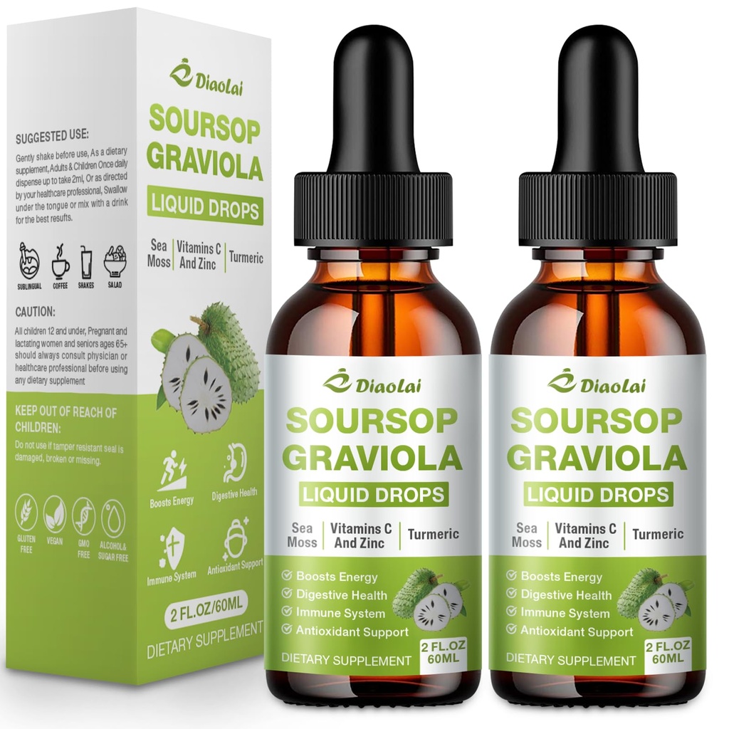 2 Pack Soursop Graviola Liquid Drops - 100% Pure Organic Graviola Extract (4 Fl Oz) - Immune Support, Antioxidant Rich, Natural Energy Boost - Vegan, Non-GMO, Alcohol-Free