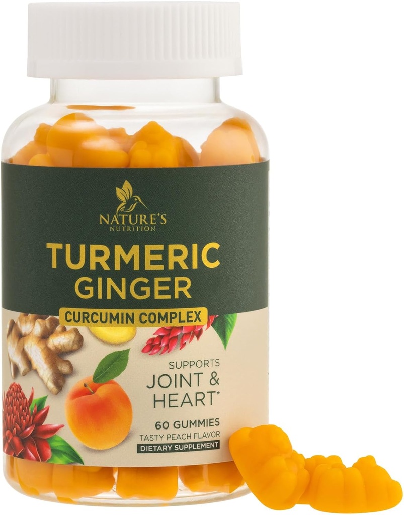 Turmeric Curcumin Supplement Gummies - 95% Κουρκουμινοειδή με Turmeric & Ginger, Μαύρο Πιπέρι για Καλύτερη Απορρόφηση, Vegan Κοινή Υποστήριξη της Φύσης, Μη-GMO, Χωρίς Γλουτένη, Νόστιμο Ροδάκινο Γεύση - 60 Gummies