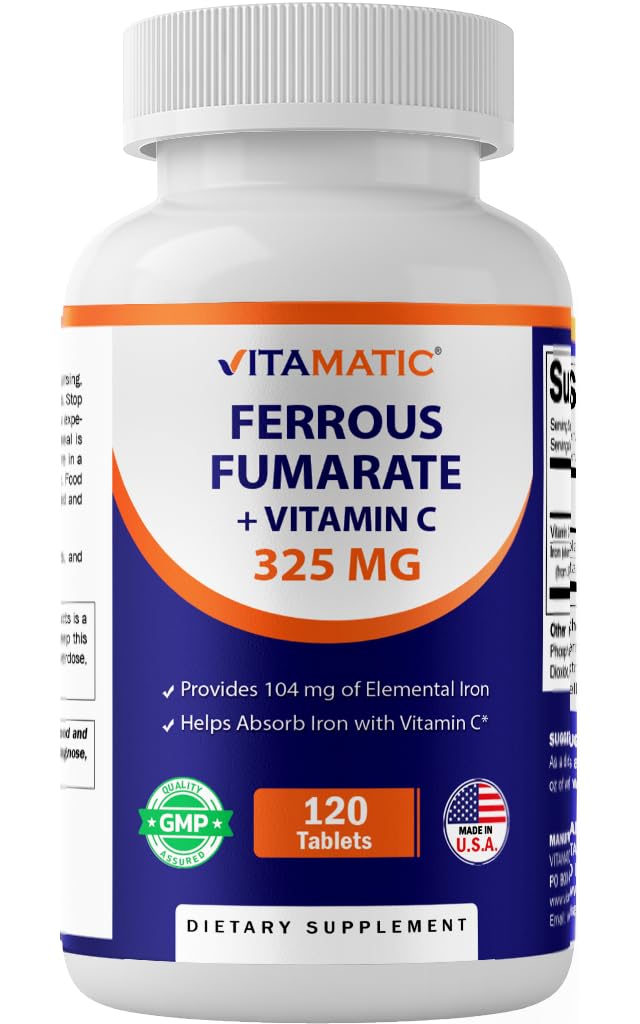 Vitamatic Ferrous Fumarate 325 mg + Vitamin C 100 mg (104 mg Elemental Iron) – High Potency Iron Supplement – Gentle on Stomach, 120 Coated Tablets, Made in USA