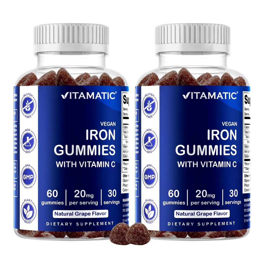 Vitamatic Iron Gummies Supplement for Women & Men - 20mg Serving - 60 Vegan Gummies - Great Tasting Iron Gummy Vitamins with Vitamin C (60 Count (Pack of 2))