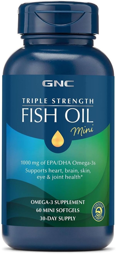 GNC τριπλή δύναμη ιχθυέλαιο Mini Omega 3 συμπλήρωμα, 1000mg EPA και DHA, υποστηρίζει την καρδιά, τον εγκέφαλο, το δέρμα, τα μάτια και κοινή υγεία, 60 Mini Softgels