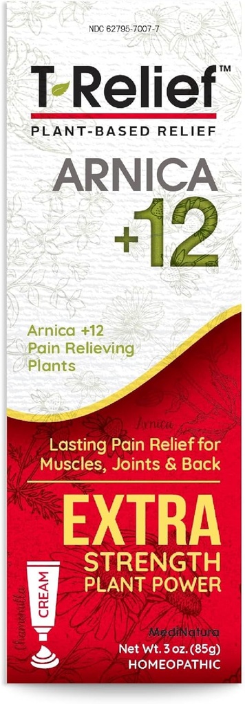 MediNatura T-Relif Extra Strength Pain Relief Cream Arnica +12 Fast-Active Natural Relieving Actives Help Reduce Back, Neck, Joint, Muscle, Hand & Foot Aches, Pains, & Soreness - 3 oz