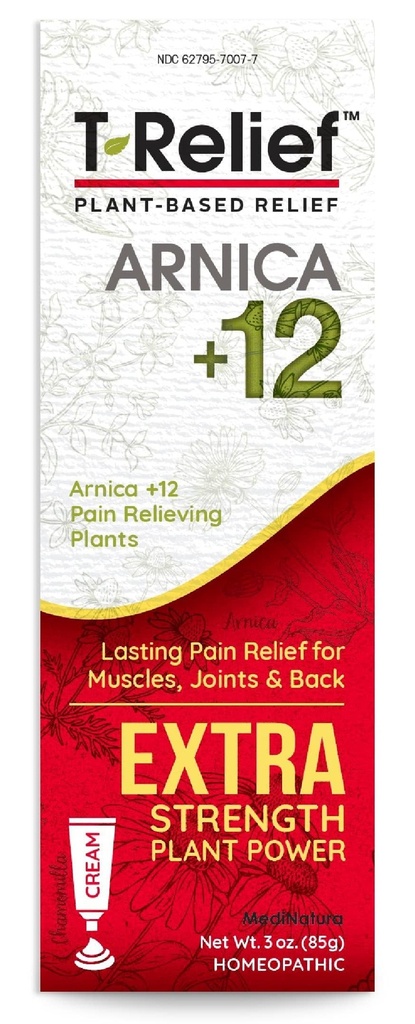 MediNatura T-Relif Extra Strength Pain Relief Cream Arnica +12 Fast-Active Natural Relieving Actives Help Reduce Back, Neck, Joint, Muscle, Hand & Foot Aches, Pains, & Soreness - 3 oz