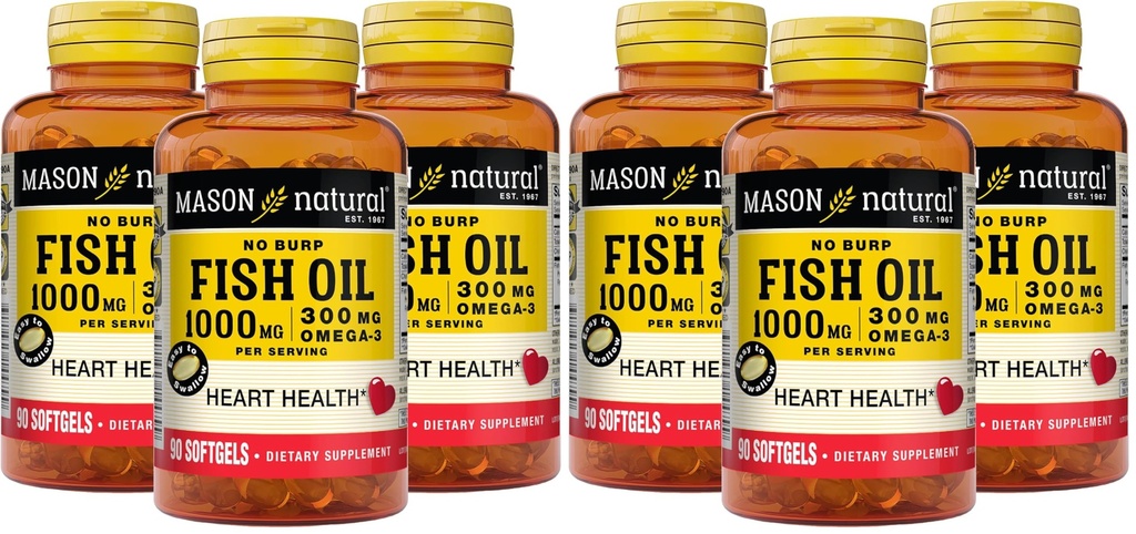 Mason Natural No Burp Fish Oil 1000 mg Omega-3 300 mg - Healthy Heart, Supports Circulatory Function, Improved Cardiovascular Health, 90 Softgels (Pack of 6)