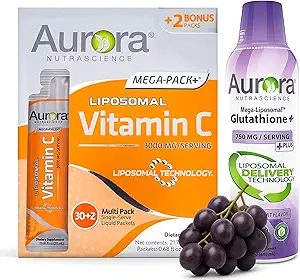 Vida Lifescience Aurora Nutrascience Mega Liposomal Glutathionone, 750 mg, και Βιταμίνη C, 3.000 mg, Immune Support and Antioxidant Bundle