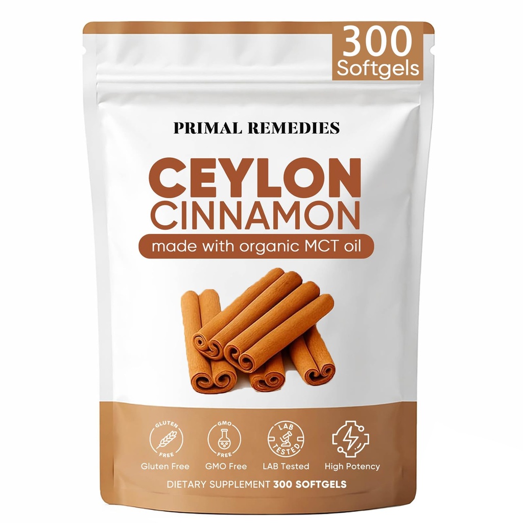Primal Remedies Ceylon Cinnamon Capsules – 300 Softgels, Cinnamomum Verum Bark Extract, Plant Based Supplement, Clean Label Formula for Daily Wellness Routine (1)