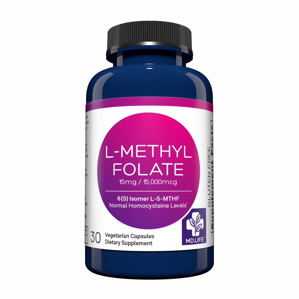 MD Life L- Methylfolate 15 mg συμπλήρωμα - Professional- Grade Active L Methylfolate συμπλήρωμα - 30 κάψουλες - L- Methylfolate 15mg - Μέγιστη ισχύς MTHFR W/ Essential Amino Acids