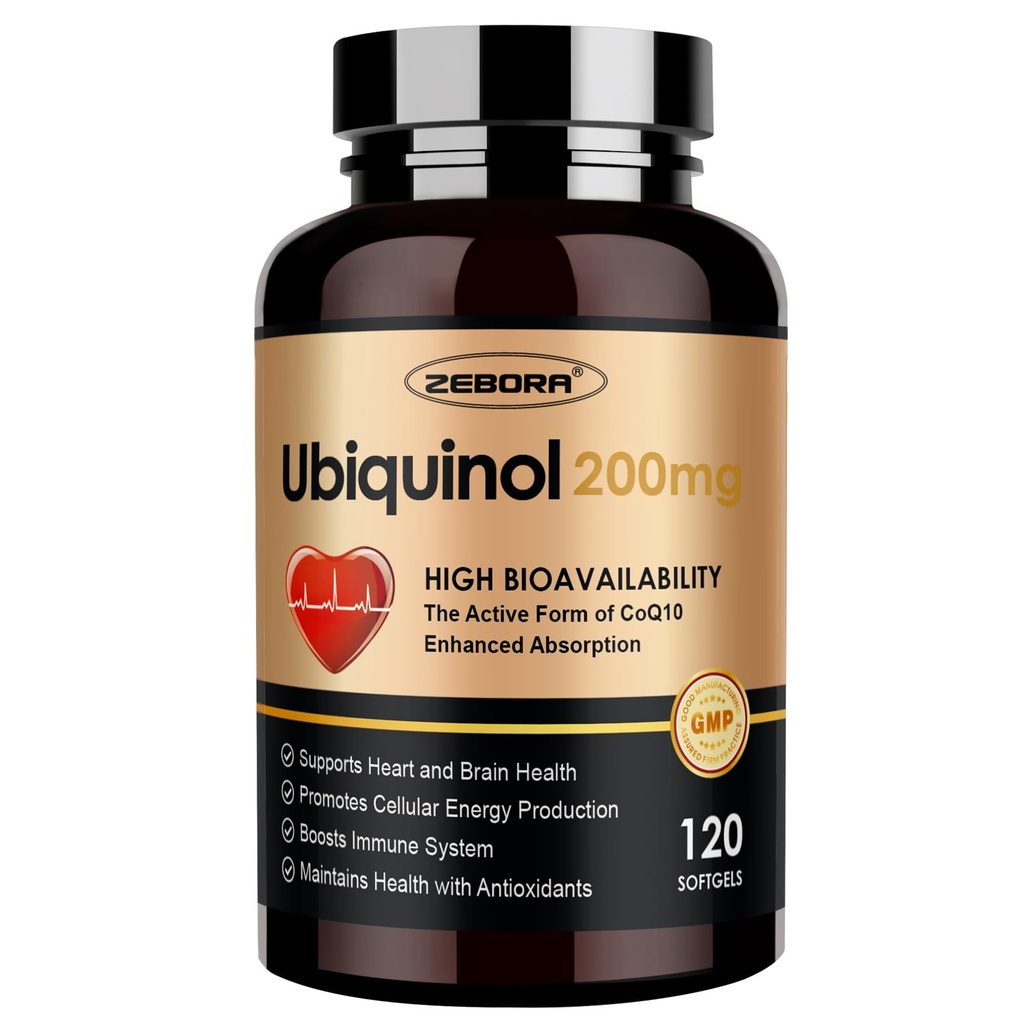 ZEBORA Ubiquinol CoQ10 200mg Softgels, 4-σε-1 Ισχυρό Αντιοξειδωτικό για την καρδιά και την αγγειακή υγεία, Απαραίτητη για την παραγωγή ενέργειας, Max Απορρόφηση Ενεργή μορφή CoQ10, 120 Softgels