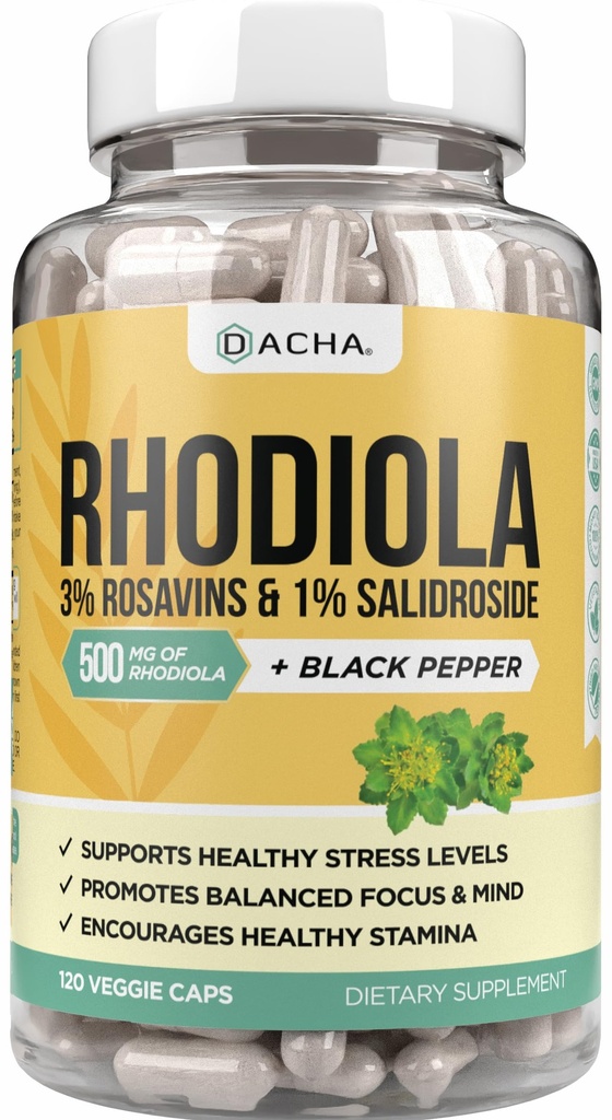 Natural Rhodiola Rosea Supplement – 120 CAPS 500mg, 3% Rosavins 1% Salidroside, Full 4-Month Supply, Bioperine Enhanced Absorbtion, Mood, Focus, and Brain Booster, Clarity & Stress Support