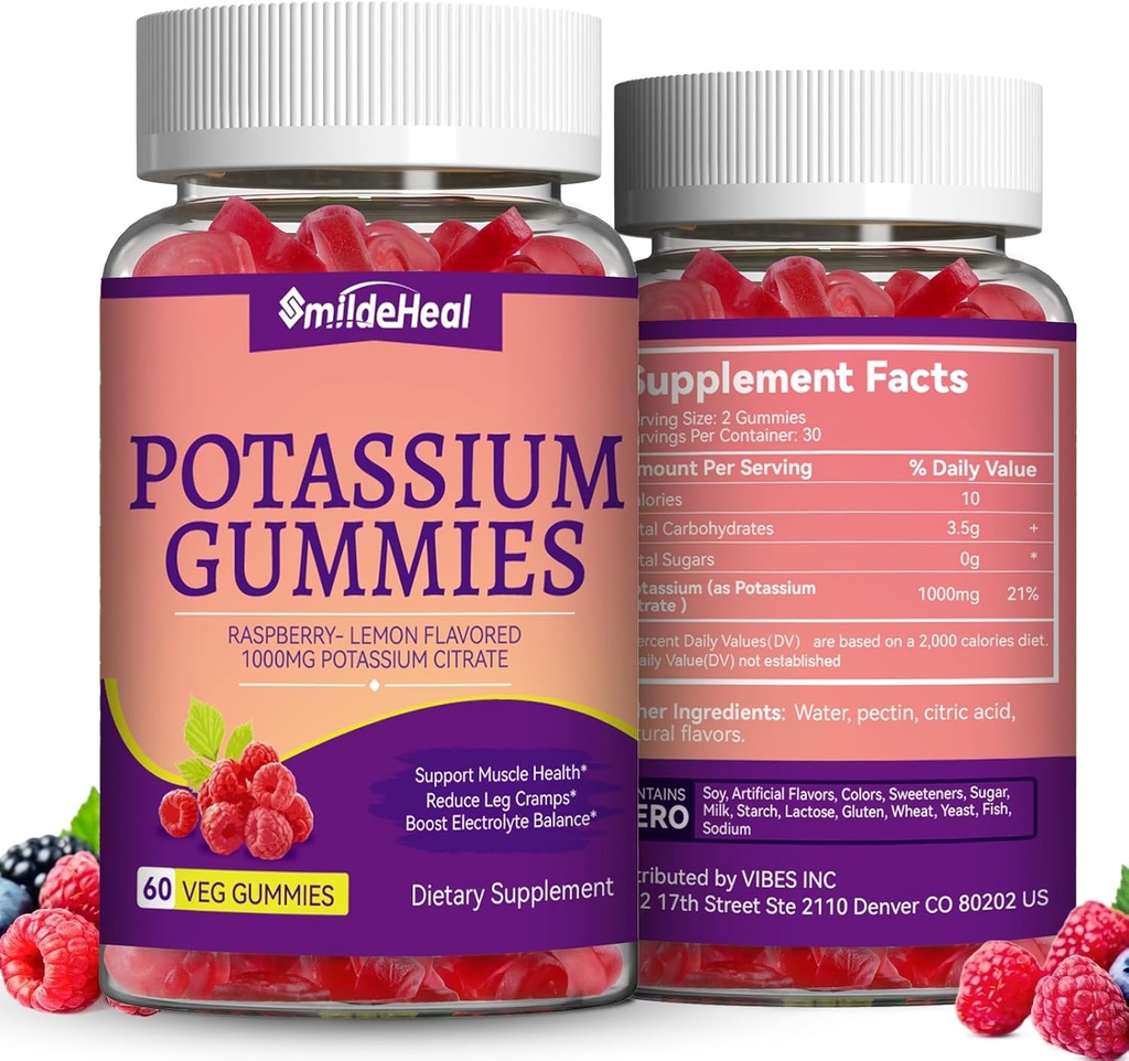 2 τεμ. Gummies συμπλήρωμα καλίου 1000mg, Κάλιο Gummies για ενήλικες, πόδι στήριξης Cramps & μυϊκή υγεία - Vegan, μη GMO,120 κόμης
