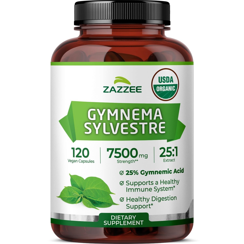 Zazzee Organic Gymnema Sylvestre 25:1 Extract, 7500 mg Δύναμη, 25% Γυμναστικό οξύ, 120 κάψουλες Vegan, 4 μήνες προσφοράς, Standardized και συμπυκνωμένο 25X εκχύλισμα, όλα-φυσικά και μη-GMO